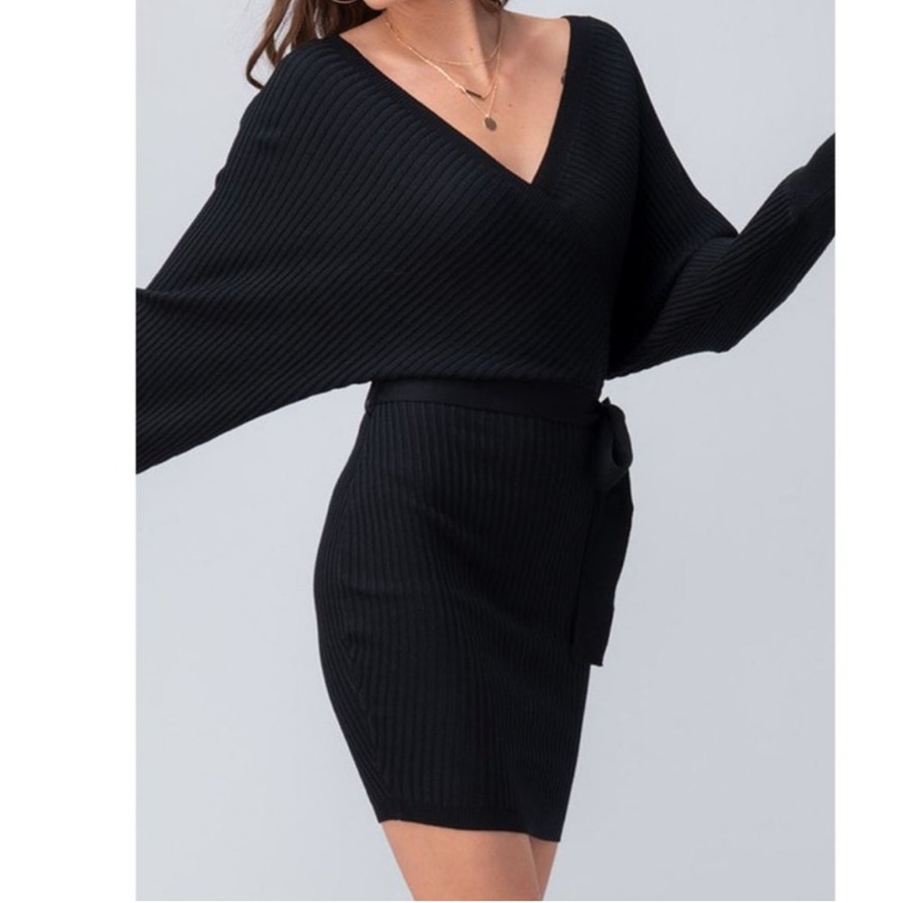 Le Papillon Black Ribbed Mini Dress